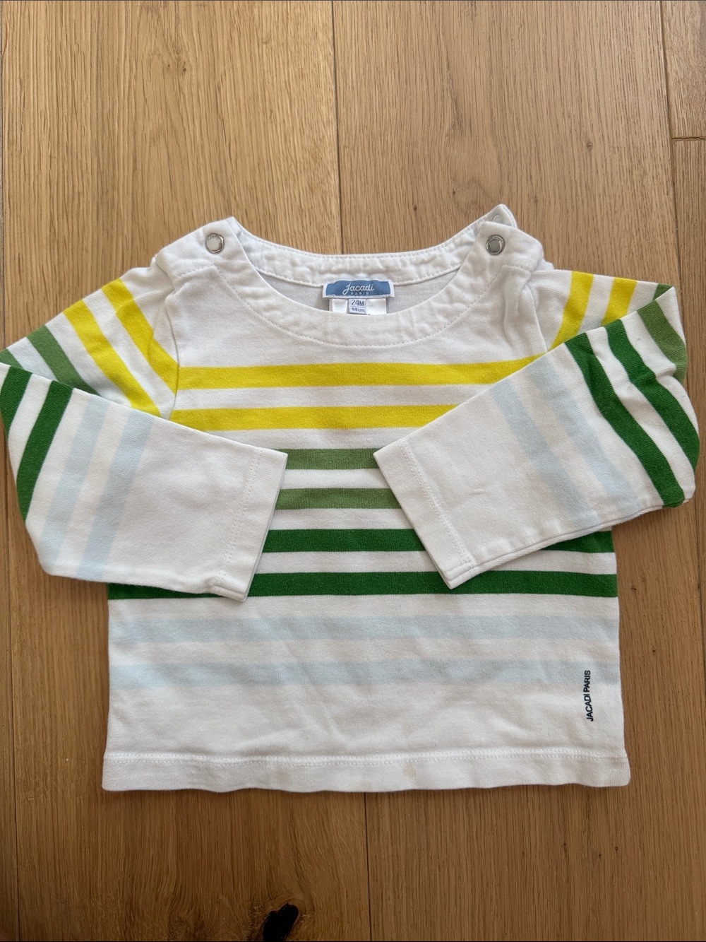Jacadi White Tee with Green and Yellow Stripes